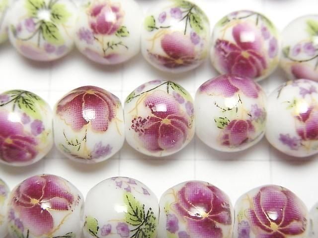【動画】セラミックビーズ ラウンド10mm 【花柄/パープル】 1連(約30cm) サムネイル2