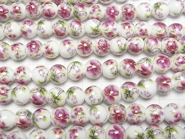 【動画】セラミックビーズ ラウンド10mm 【花柄/パープル】 1連(約30cm) サムネイル3
