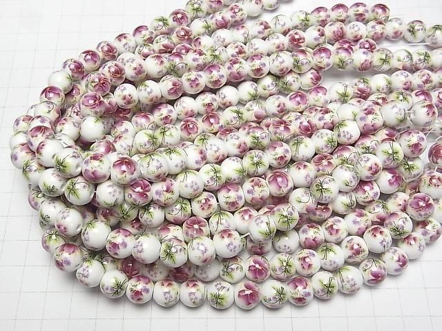 【動画】セラミックビーズ ラウンド10mm 【花柄/パープル】 1連(約30cm) サムネイル4
