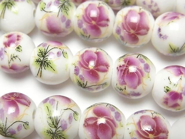 【動画】セラミックビーズ ラウンド12mm 【花柄/パープル】 1連(約31cm)の画像