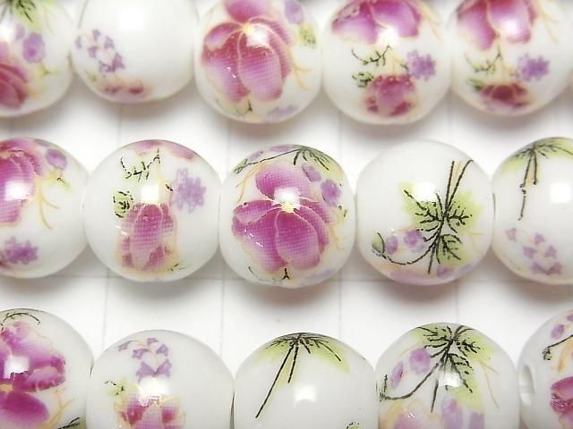 【動画】セラミックビーズ ラウンド12mm 【花柄/パープル】 1連(約31cm) サムネイル2