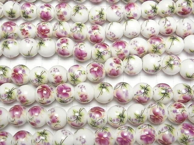 【動画】セラミックビーズ ラウンド12mm 【花柄/パープル】 1連(約31cm) サムネイル3