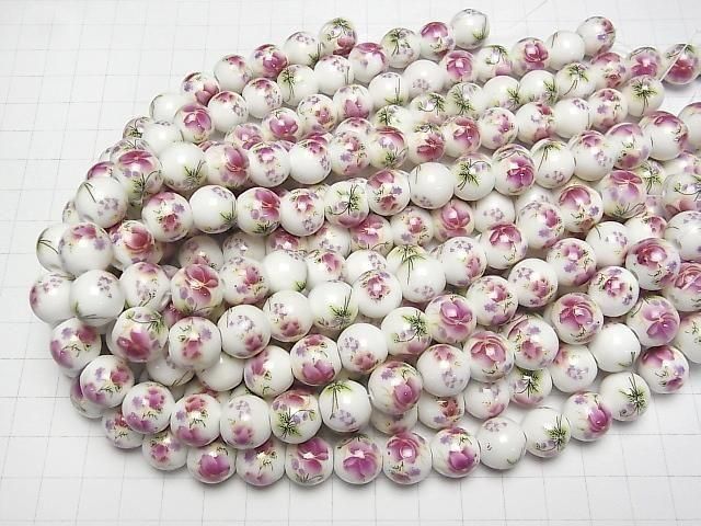 【動画】セラミックビーズ ラウンド12mm 【花柄/パープル】 1連(約31cm) サムネイル4