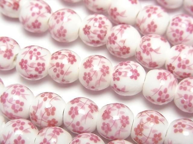 【動画】セラミックビーズ ラウンド8mm 【小花柄/ピンク】 1連(約29cm)の画像