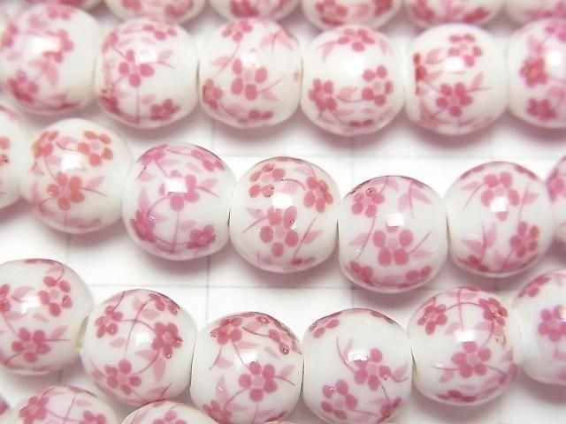 【動画】セラミックビーズ ラウンド8mm 【小花柄/ピンク】 1連(約29cm) サムネイル2