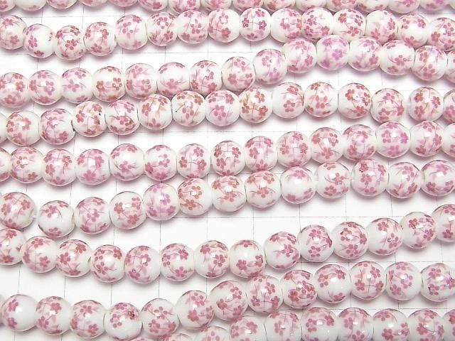 【動画】セラミックビーズ ラウンド8mm 【小花柄/ピンク】 1連(約29cm) サムネイル3