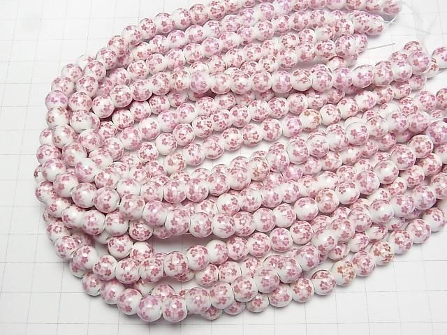 【動画】セラミックビーズ ラウンド8mm 【小花柄/ピンク】 1連(約29cm) サムネイル4
