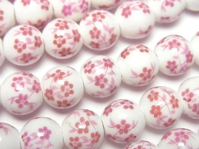 【動画】セラミックビーズ ラウンド10mm 【小花柄/ピンク】 1連(約30cm)の画像