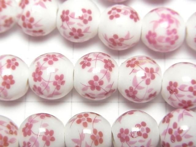 【動画】セラミックビーズ ラウンド10mm 【小花柄/ピンク】 1連(約30cm) サムネイル2