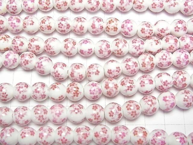 【動画】セラミックビーズ ラウンド10mm 【小花柄/ピンク】 1連(約30cm) サムネイル3