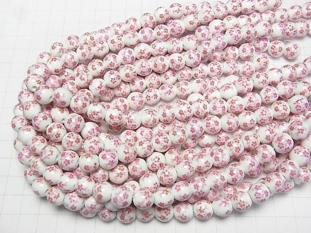 【動画】セラミックビーズ ラウンド10mm 【小花柄/ピンク】 1連(約30cm) サムネイル4