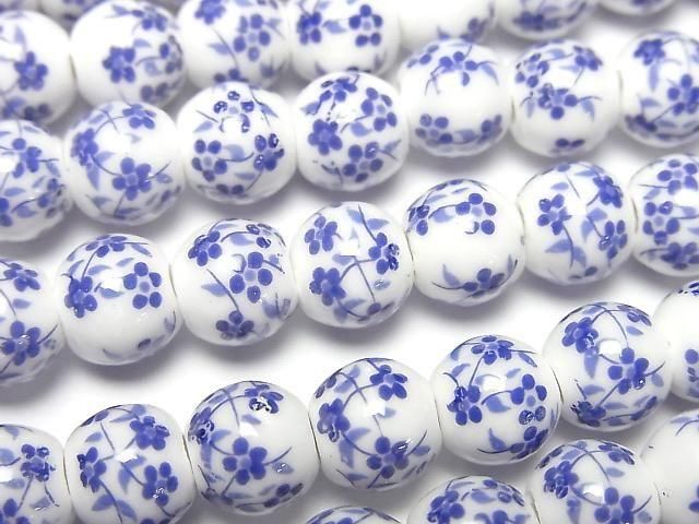 【動画】セラミックビーズ ラウンド8mm 【小花柄/ブルー】 1連(約29cm)の画像