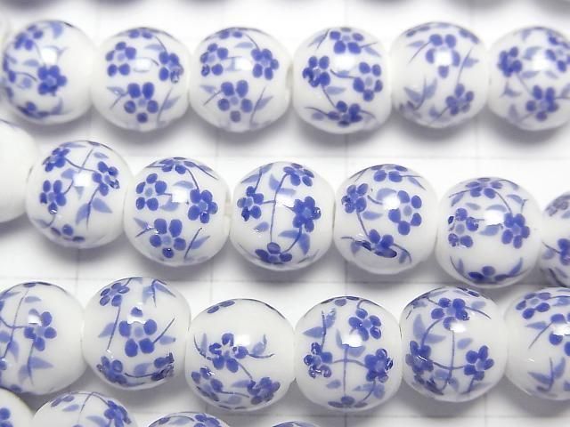 【動画】セラミックビーズ ラウンド8mm 【小花柄/ブルー】 1連(約29cm) サムネイル2