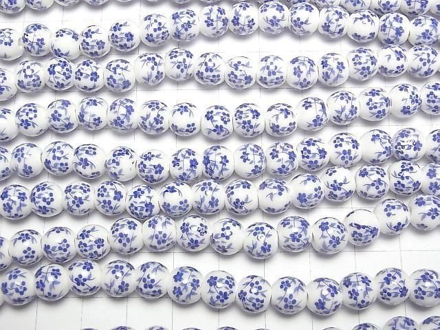 【動画】セラミックビーズ ラウンド8mm 【小花柄/ブルー】 1連(約29cm) サムネイル3