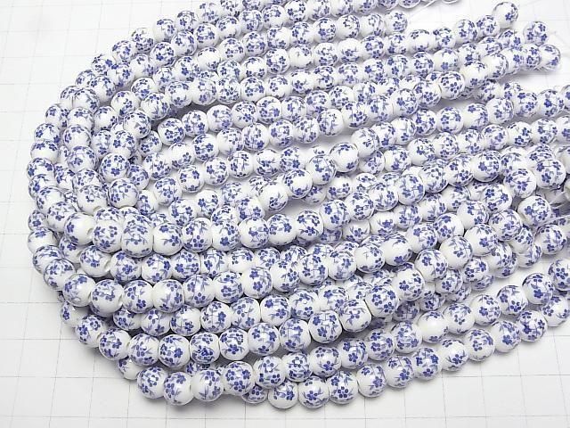 【動画】セラミックビーズ ラウンド8mm 【小花柄/ブルー】 1連(約29cm) サムネイル4
