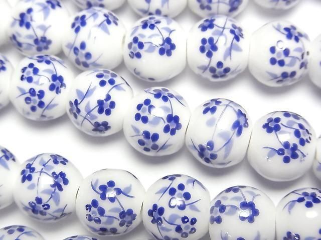 【動画】セラミックビーズ ラウンド10mm 【小花柄/ブルー】 1連(約30cm)の画像