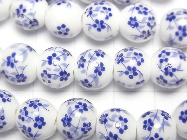 【動画】セラミックビーズ ラウンド10mm 【小花柄/ブルー】 1連(約30cm) サムネイル2
