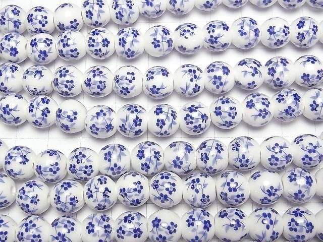【動画】セラミックビーズ ラウンド10mm 【小花柄/ブルー】 1連(約30cm) サムネイル3