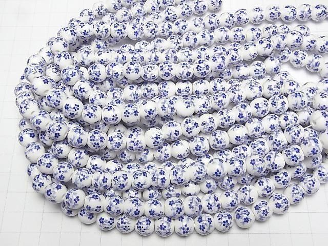 【動画】セラミックビーズ ラウンド10mm 【小花柄/ブルー】 1連(約30cm) サムネイル4