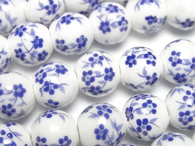 【動画】セラミックビーズ ラウンド12mm 【小花柄/ブルー】 1連(約31cm)の画像