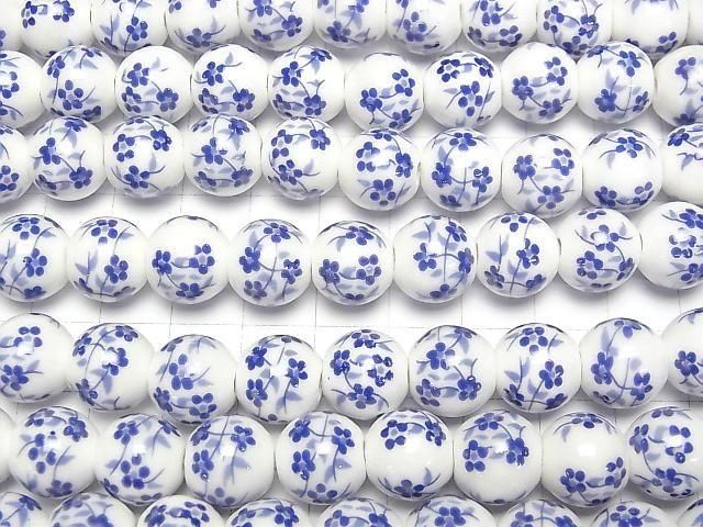 【動画】セラミックビーズ ラウンド12mm 【小花柄/ブルー】 1連(約31cm) サムネイル3