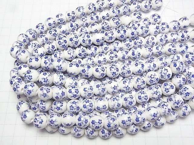 【動画】セラミックビーズ ラウンド12mm 【小花柄/ブルー】 1連(約31cm) サムネイル4