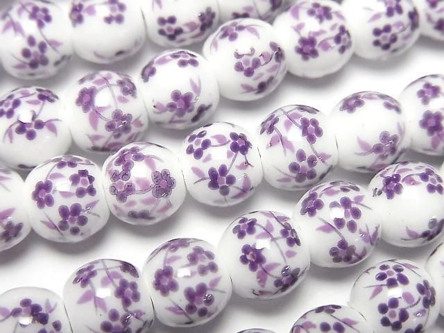 【動画】セラミックビーズ ラウンド8mm 【小花柄/パープル】 1連(約29cm)の画像