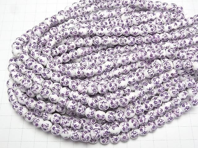 【動画】セラミックビーズ ラウンド8mm 【小花柄/パープル】 1連(約29cm) サムネイル4