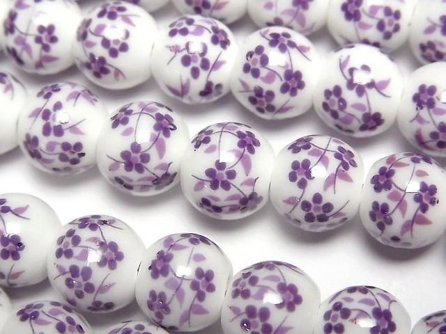 【動画】セラミックビーズ ラウンド10mm 【小花柄/パープル】 1連(約30cm)の画像