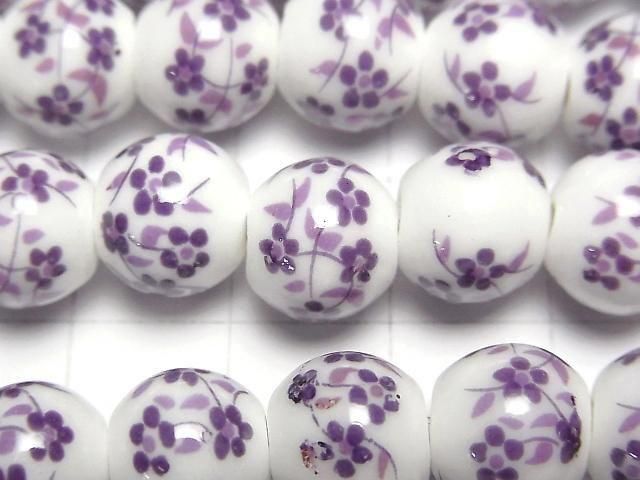 【動画】セラミックビーズ ラウンド10mm 【小花柄/パープル】 1連(約30cm) サムネイル2
