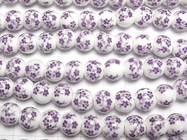【動画】セラミックビーズ ラウンド10mm 【小花柄/パープル】 1連(約30cm) サムネイル3