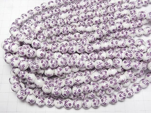 【動画】セラミックビーズ ラウンド10mm 【小花柄/パープル】 1連(約30cm) サムネイル4