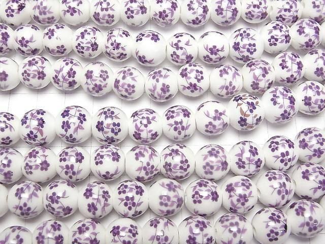 【動画】セラミックビーズ ラウンド12mm 【小花柄/パープル】 1連(約31cm) サムネイル3