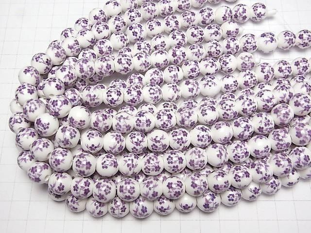 【動画】セラミックビーズ ラウンド12mm 【小花柄/パープル】 1連(約31cm) サムネイル4