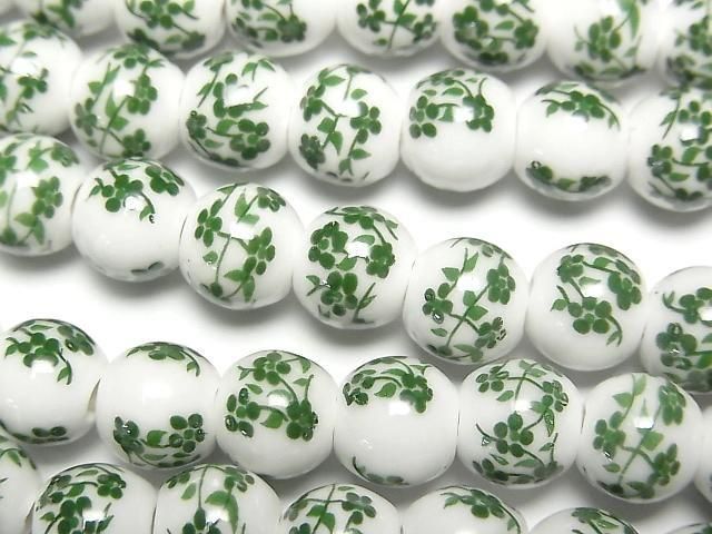 【動画】セラミックビーズ ラウンド8mm 【小花柄/グリーン】 1連(約29cm)の画像