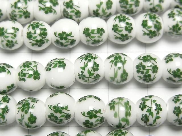 【動画】セラミックビーズ ラウンド8mm 【小花柄/グリーン】 1連(約29cm) サムネイル2