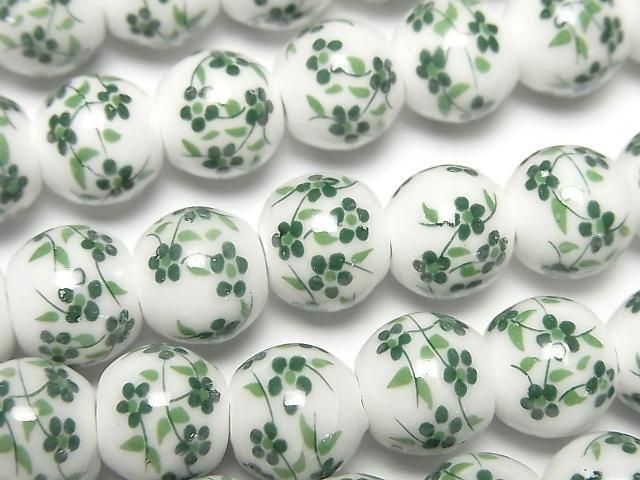 【動画】セラミックビーズ ラウンド10mm 【小花柄/グリーン】 1連(約30cm)の画像