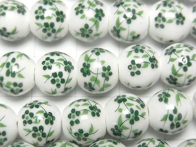 【動画】セラミックビーズ ラウンド10mm 【小花柄/グリーン】 1連(約30cm) サムネイル2