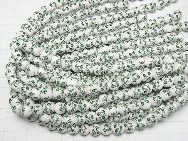 【動画】セラミックビーズ ラウンド10mm 【小花柄/グリーン】 1連(約30cm) サムネイル4