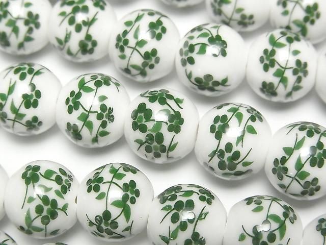 【動画】セラミックビーズ ラウンド12mm 【小花柄/グリーン】 1連(約31cm)の画像