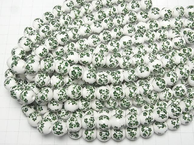 【動画】セラミックビーズ ラウンド12mm 【小花柄/グリーン】 1連(約31cm) サムネイル4