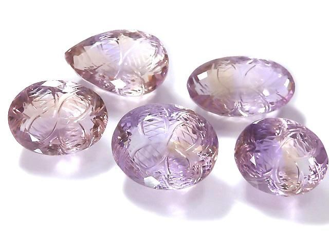 【動画】【1点もの】宝石質アメトリンAAA- ルース 彫刻入りファセットカット 5個セット NO.29の画像