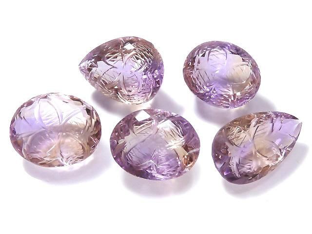【動画】【1点もの】宝石質アメトリンAAA- ルース 彫刻入りファセットカット 5個セット NO.30の画像