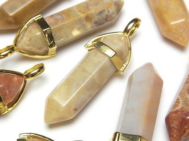 【動画】フォシルコーラル(化石珊瑚) ダブルポイント ペンダントトップ32×8×8mm ゴールドカラー 3個の画像