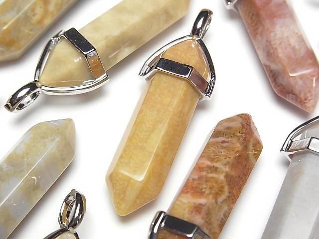 【動画】フォシルコーラル(化石珊瑚) ダブルポイント ペンダントトップ32×8×8mm シルバーカラー 3個の画像