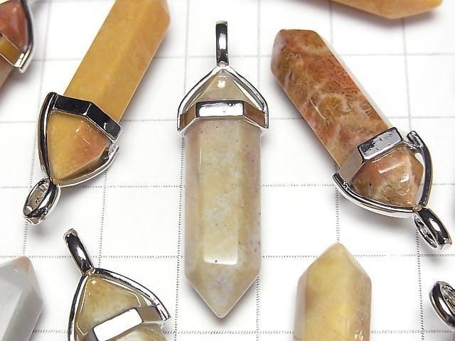 【動画】フォシルコーラル(化石珊瑚) ダブルポイント ペンダントトップ32×8×8mm シルバーカラー 3個 サムネイル2