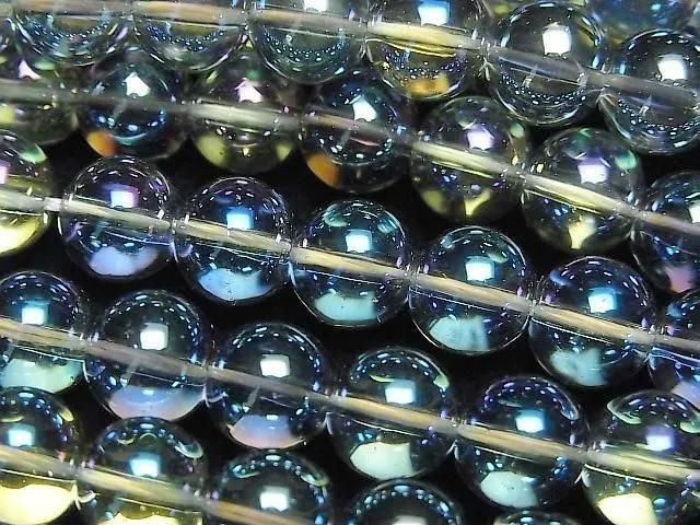 【動画】ブルーグリーンフラッシュクリスタル(溶錬水晶) ラウンド8mm 1連(約36cm)の画像