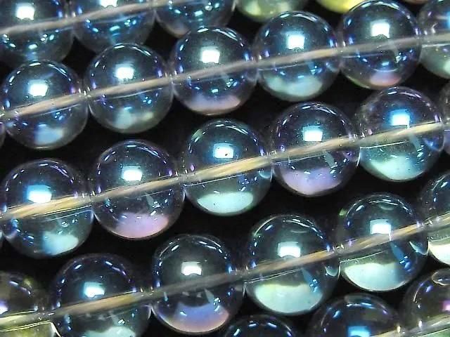 【動画】ブルーグリーンフラッシュクリスタル(溶錬水晶) ラウンド10mm 1連(約36cm)の画像