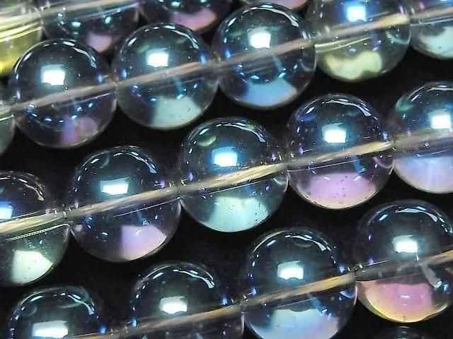 【動画】ブルーグリーンフラッシュクリスタル(溶錬水晶) ラウンド14mm 1連(約35cm)の画像