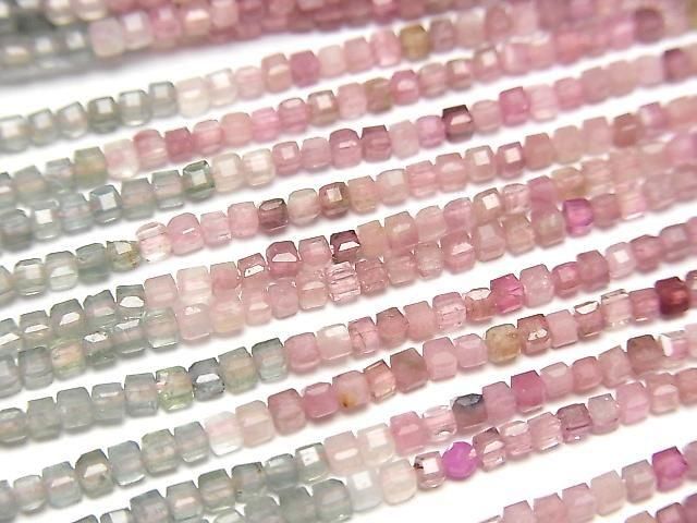 【動画】【素晴らしい輝き】マルチカラートルマリンAA++ 極小キューブカット2×2×2mm 1連(約37cm)の画像